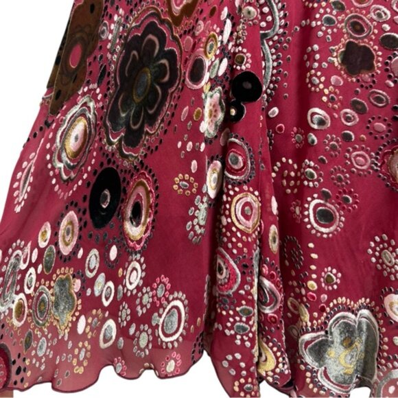 Vintage Y2K Velvet Burnout Floral Dress Sz Sm Red Burgundy Boho Drop Waist Silk - Picture 3 of 9